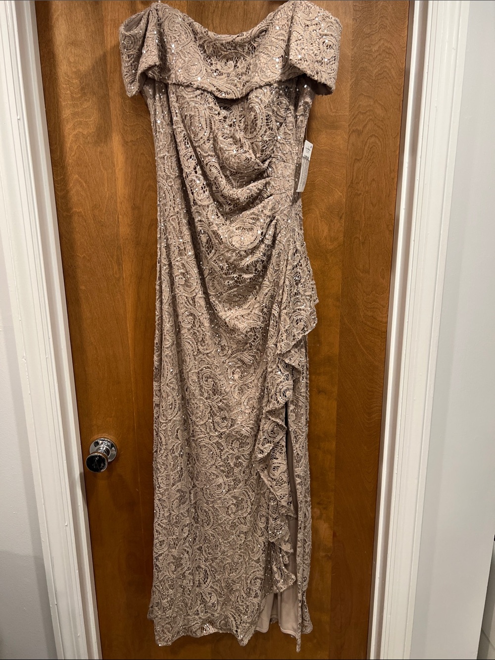 NWT - Elegant Alex Evenings Beaded Off-Shoulder Evening Gown in Taupe